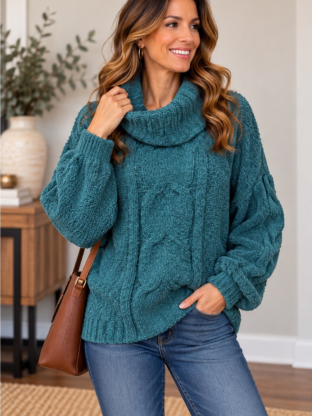 Seven7 Teal Cable Knit Cowl-Neck Sweater